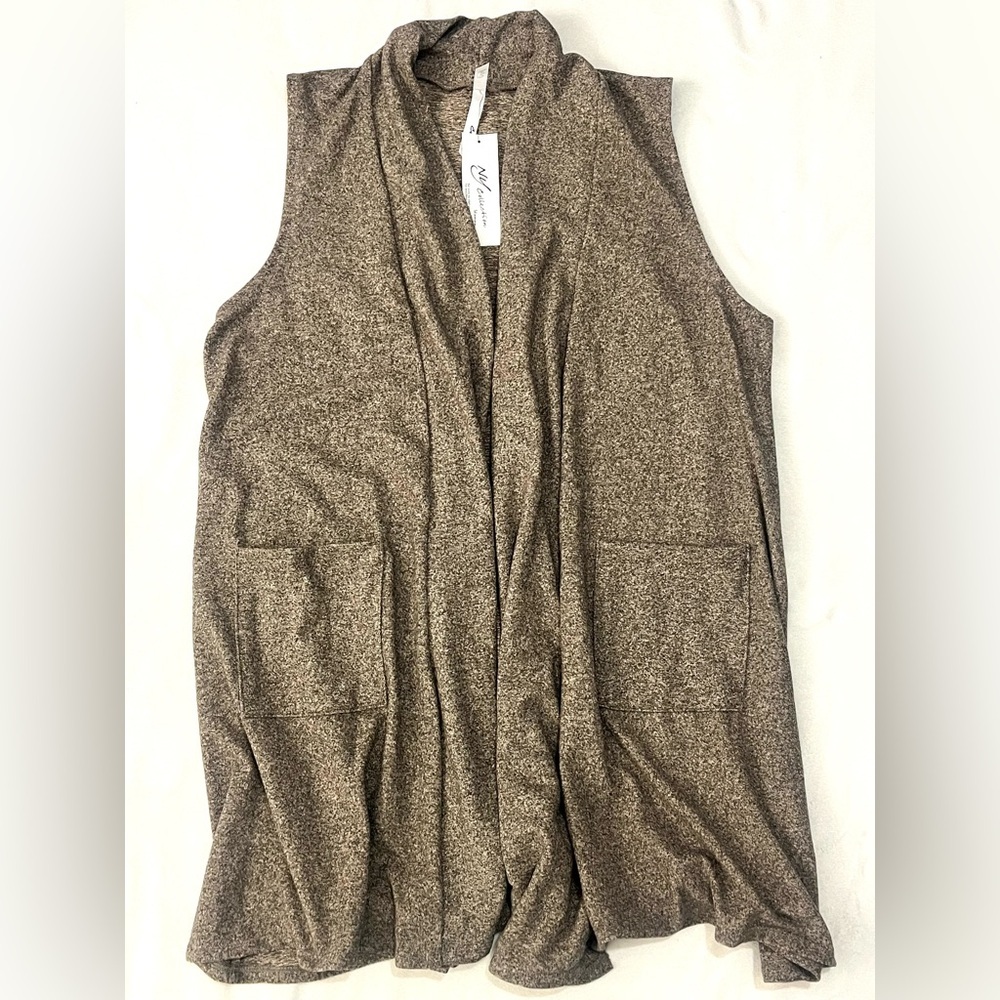 NY Collection Women’s Brown Caribou Color Sleeveless Open Cardigan Size 1X
